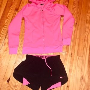 Hot pink under armour sweatshirt, nike shorts